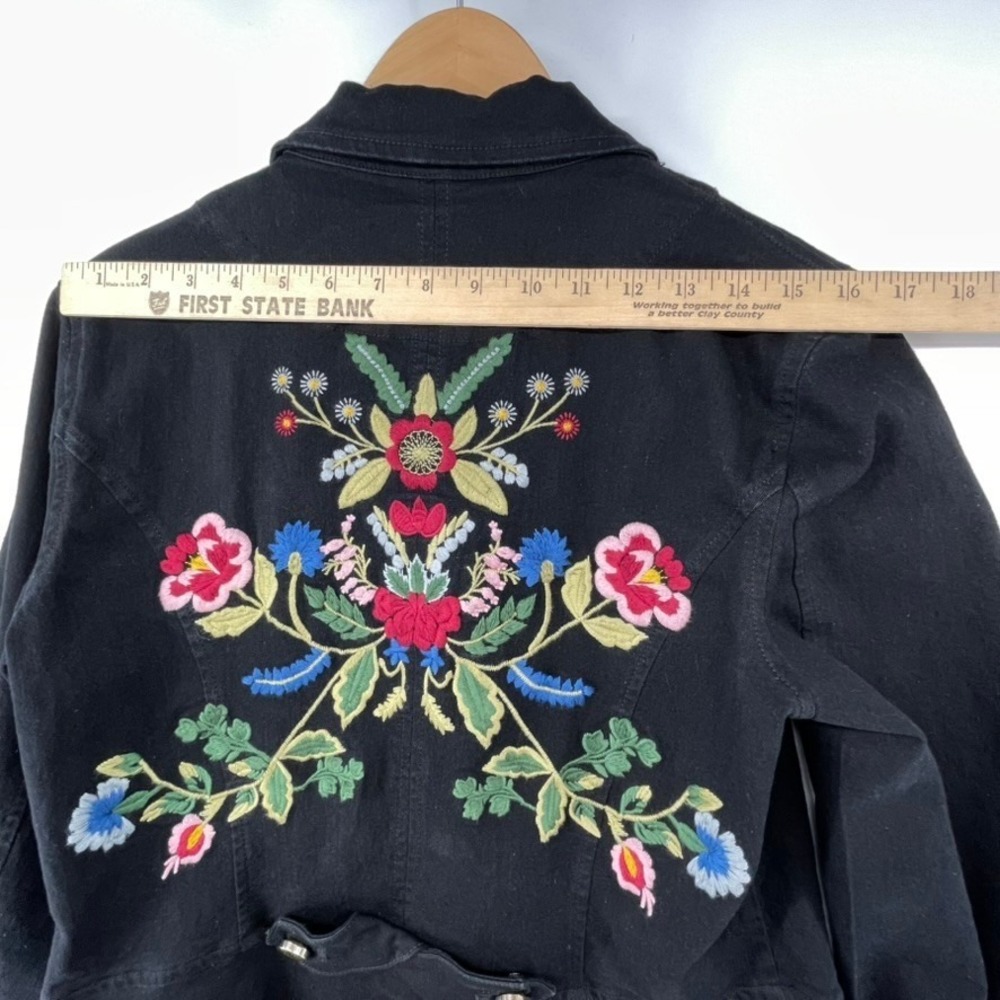V Cristina Women's M Black Floral Embroidered Denim Jacket Whimsigoth Boho Chic - Picture 15 of 16